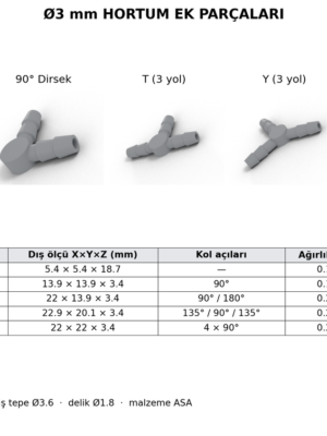 Ø3 mm Hortum Ek Parçası – Düz, 90° Dirsek, T, Y ve Artı (+) | ASA