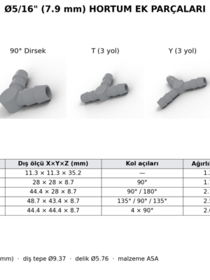 Ø5/16" (7.9 mm) Hortum Ek Parçası – Düz, 90° Dirsek, T, Y ve Artı (+) | ASA