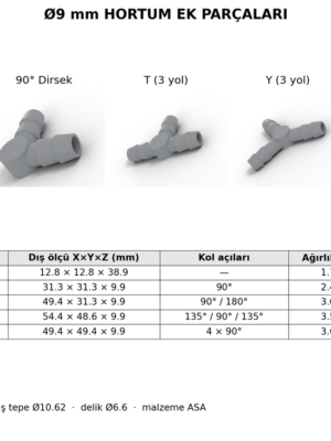 Ø9 mm Hortum Ek Parçası – Düz, 90° Dirsek, T, Y ve Artı (+) | ASA