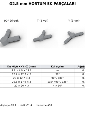 Ø2.5 mm Hortum Ek Parçası – Düz, 90° Dirsek, T, Y ve Artı (+) | ASA