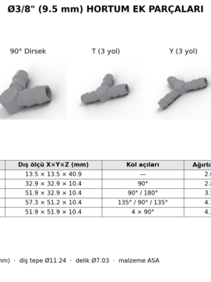 Ø3/8" (9.5 mm) Hortum Ek Parçası – Düz, 90° Dirsek, T, Y ve Artı (+) | ASA